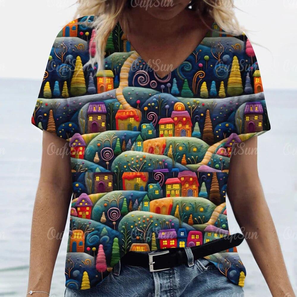 

Новая рождественская женская футболка с 3D принтом Санта-Клауса, футболки с короткими рукавами и v-образным вырезом, уличная одежда большого размера, женский пуловер в стиле Харадзюку, топы 6XL