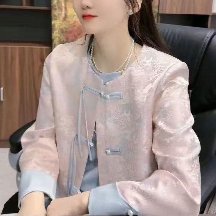 

Весна/Осень 2026 Новая женская куртка в китайском стиле, розовая, с жаккардовым узором, на пуговицах-лягушках, элегантная M less than 98 lbs розовый