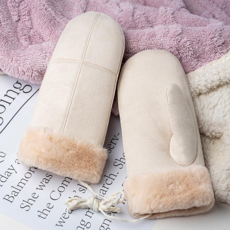 Unisex Autumn/Winter Neck-Hanging Windproof Cycling Mittens, Faux Suede Plush, Warm, Cross-Stitched, Christmas Gloves.