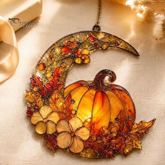 Chique Herfstachtige Sfeer Hangend Stuk Glas-in-lood Pompoen Maan Zonenvanger, Acryl Halve Maan Raamdecoratie met Halloween Thanksgiving Decoratief