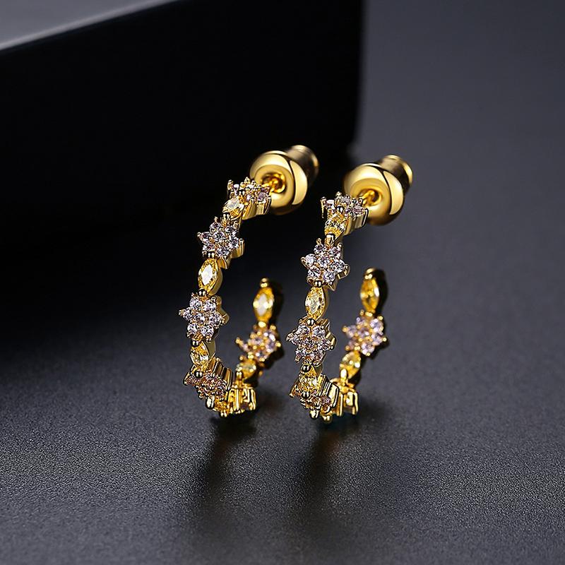 LUOTEEMI 18K Solid Gold Plated Rhodium Trendy C Shaped Hoop Earrings Brass Crystal Earrings Stud for Women Jewelry Wedding