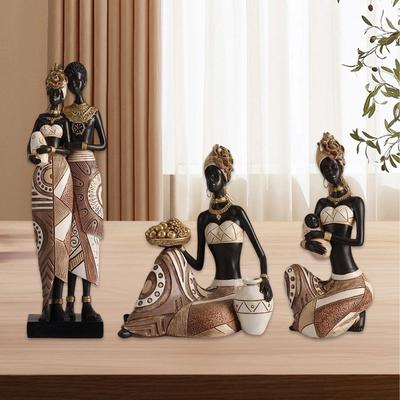 Figurka Afrykańska Figurka Plemienna Dama Statuetka z Żywicy Rzeźba Vintage Figurka na Półkę Jako Szczegółowe Przedstawienie Afrykańskiej Damy