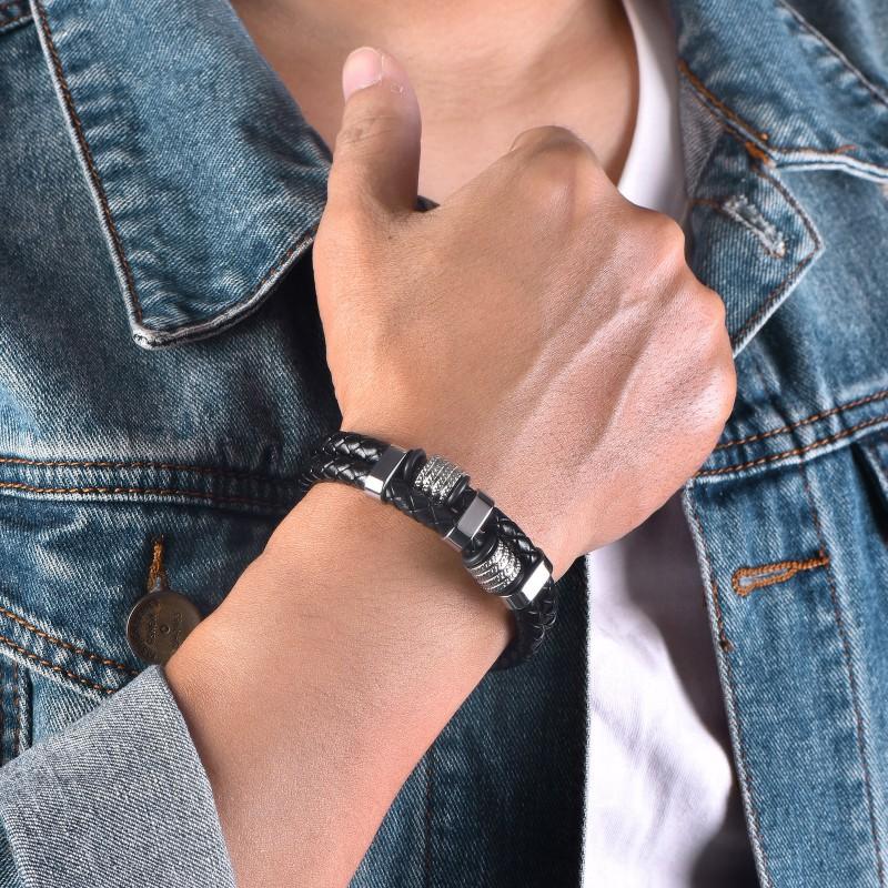 Stainless Steel Geometric Double Wrap Bracelet Men Minimalist Leather Woven Cuff Adjustable Size