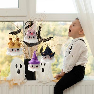 Halloween Crochet Ghost Ornament Cute Handmade Knitted Frog/Cat/Spider/Strawberry Ghost Hanging Decoration for Car Rearview Mirror Bag Charm