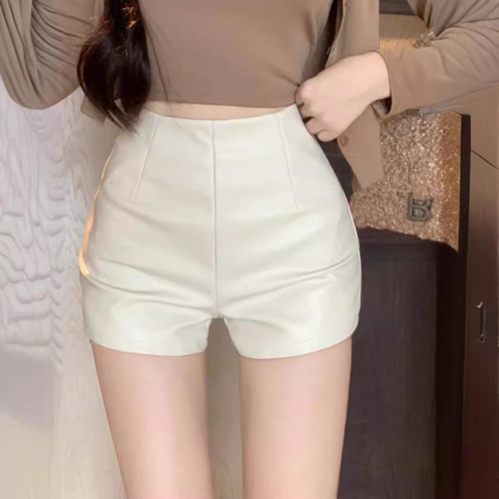 Damshorts med hög midja i konstläder Enfärgade Casual Cargo Hotpants Streetwear