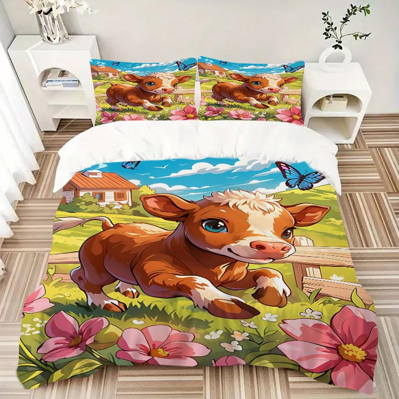 3pcs Cow Print Bedding Set - 1 Duvet Cover + 2 Pillowcases(Core Not Included), Machine Washable Polyester, All-Season Comfort, Bedroom Decor