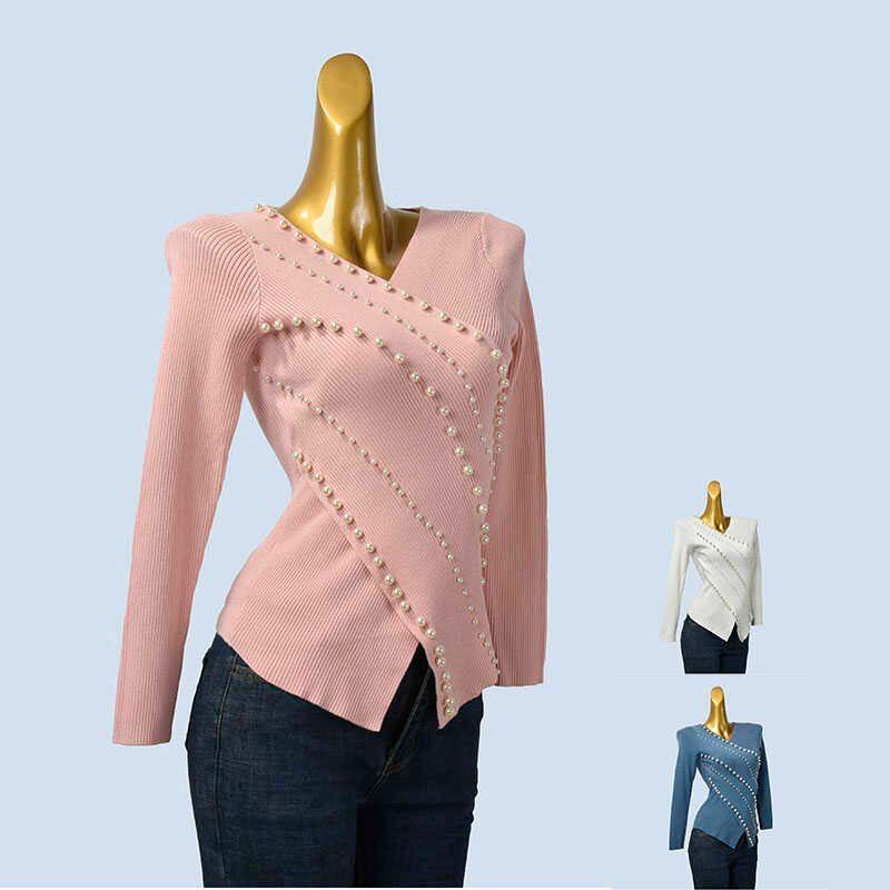 Fall and Winter New V-neck Bead Long Sleeve Pullover Knitwear Sexy Asymmetrical Cross Bottoming Shirt Tops