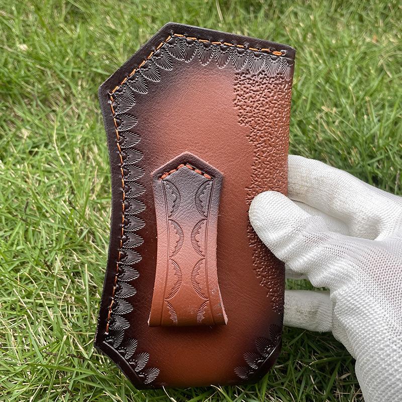 Foling Knife Holder Embossed Cowhide Scabbard Pocket  Knife Cover Second Layer Leather Case Camping Knife Holsters Belt Buckle
