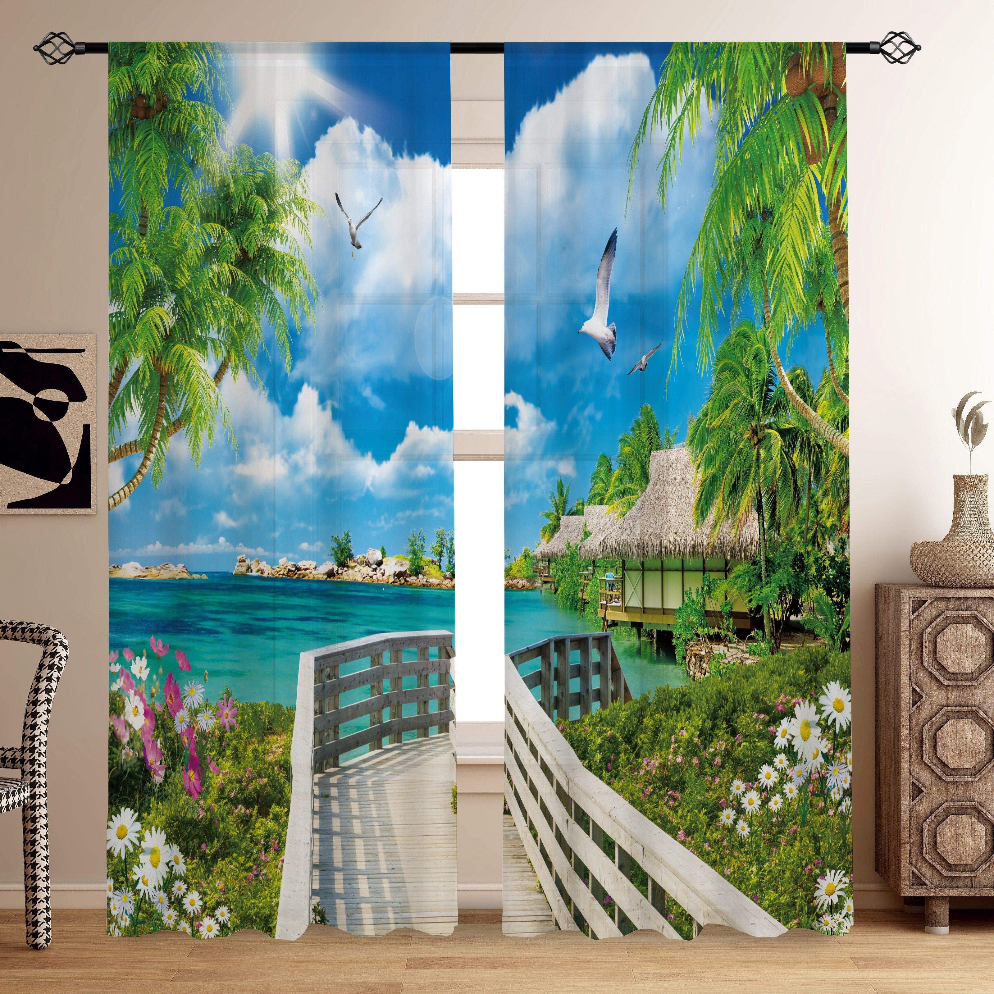 Wasserfall Vogel Kran Gedruckte Vorhänge Polyester Ösenoberseite Vorhang für Büro Schlafzimmer Wohnzimmer Naturlandschaft Heimdekoration 2x50W100H(CM)&hook