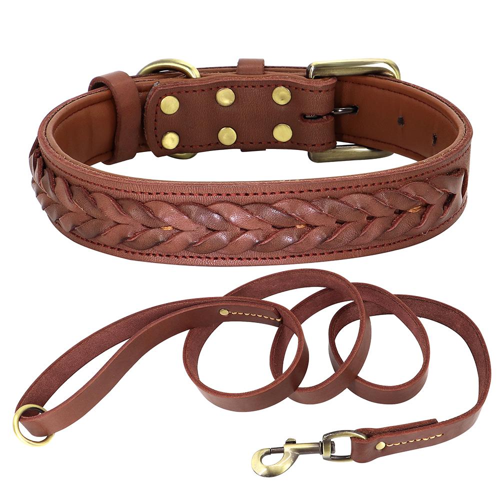 Cow Leather Dog Collar Leash Genuine Leather Big Dog Collars Lead Braided Pet Collars For Medium Large Dogs German Shepherd