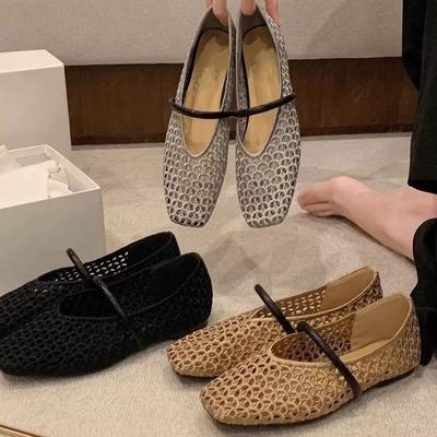 Retro Woven Roman Small Square Head Shallow Mouth Single Shoes Women's 2025 Spring and Summer New One-word Belt Hollow Commuter Flats