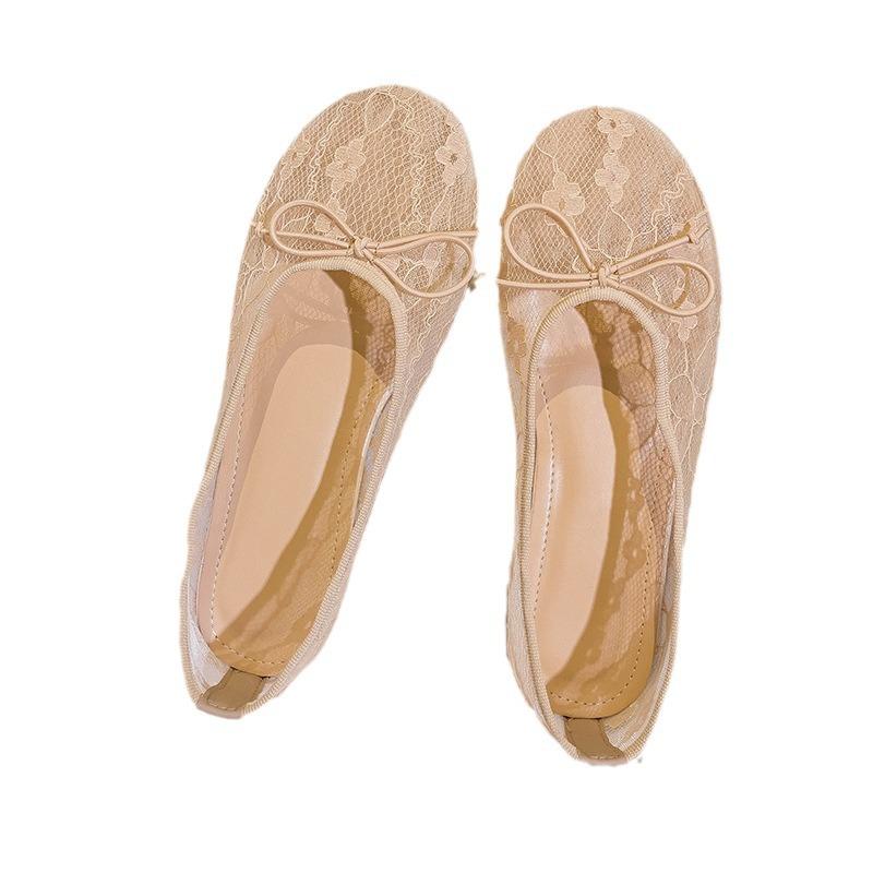 Autumn fashion versatile flat shoes lace lace bow soft sole round head breathable ballet shoes