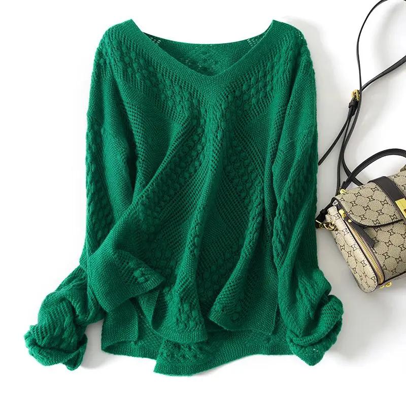 

Женский осенне-зимний свитер с длинными рукавами и ажурной вязкой, однотонный свободный свитер с V-образным вырезом, блузка-пуловер XS зелёный