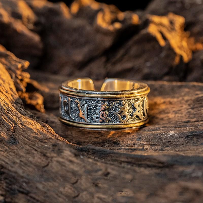 Adjustable Open Ring Men Women Vintage Hip Hop Style Plated Six Words Mantra Design