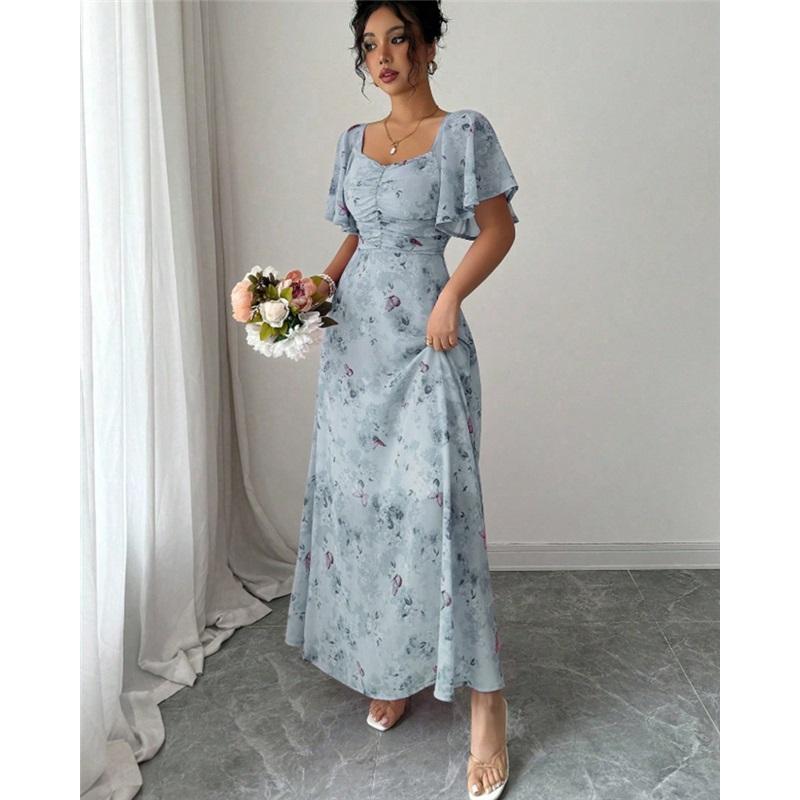 Summer New Style Women's Casual Office Dress Lotus Leaf Sleeves Printed Figure-hugging Elegant And Graceful Long Dress