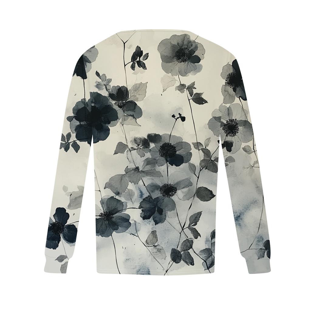 Damenmode Lässig Plissiert Rundhals Vintage Blumendruck Langarm T-Shirt Top