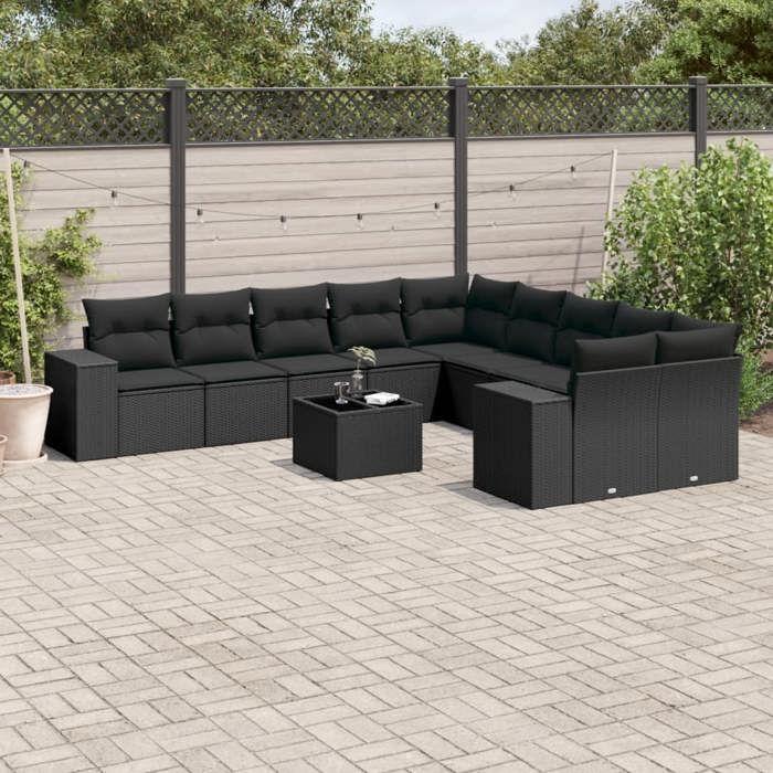 VidaXL Salon de Jardin avec Coussins 11 pcs, Canapés de Terrasse, Ensemble de Meubles de Patio, Mobilier d'Extérieur, Noir 3223114