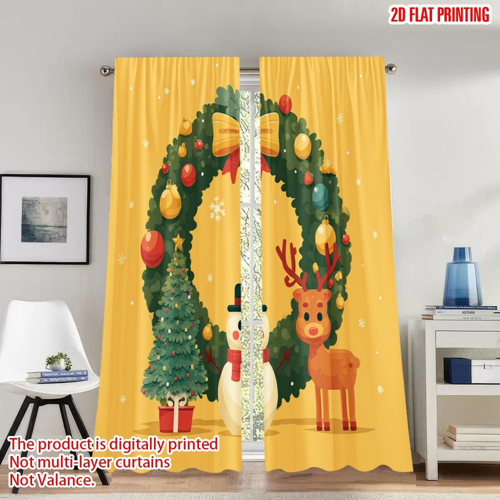 

Flat Printing Happy Christmas Party Curtains Wreath Snowman Deer Tree Digital Printed Polyester Drapes Family Set Of 2 Made W100*H70(CM)-Hooks&2PCS