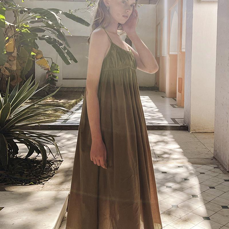 Johnature Summer Spaghetti Strap Dresses Simple Solid Color Fold All Match Cotton Backless Loose Women Dress