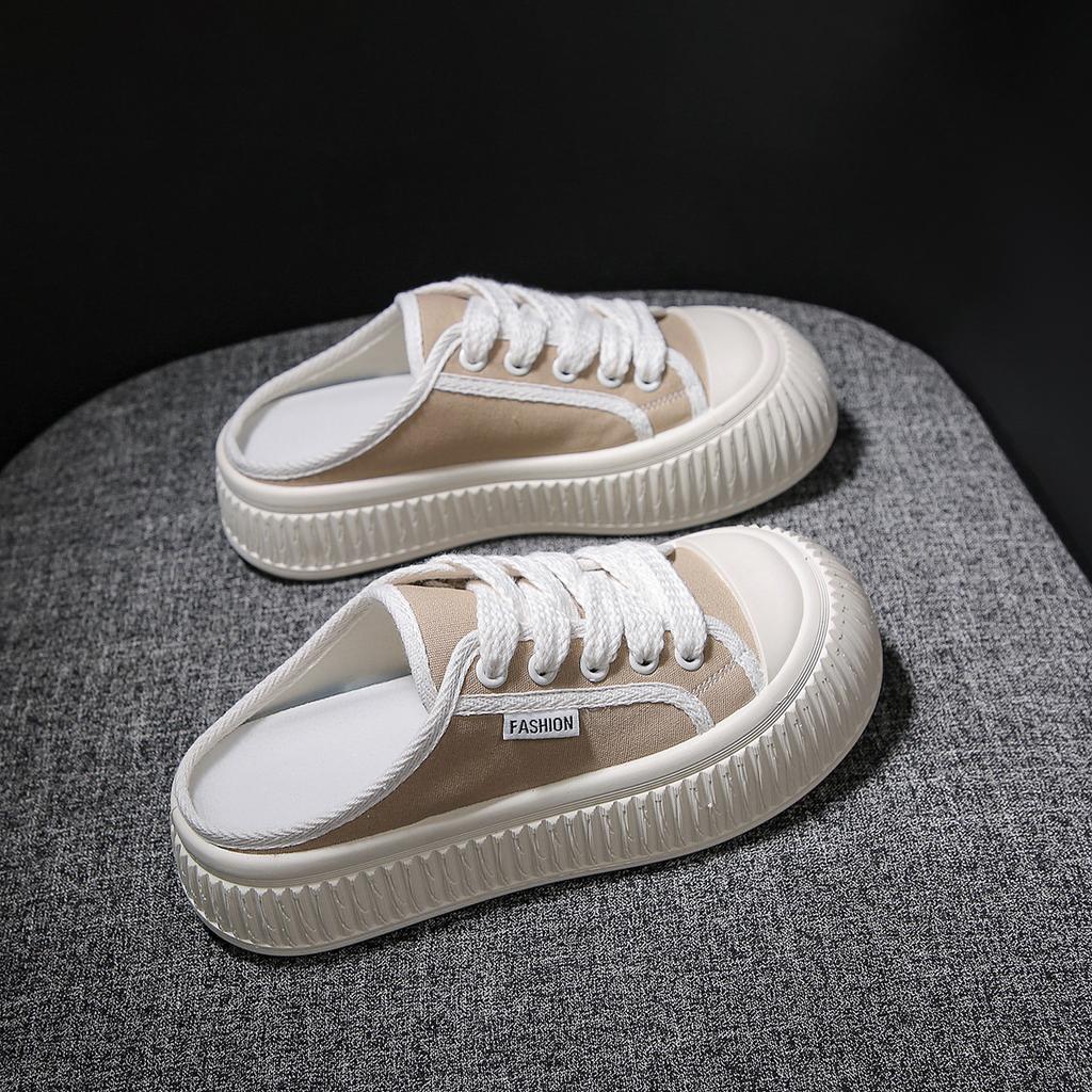 Half Dragged White Shoes for Women Breathable and Casual Canvas Shoes