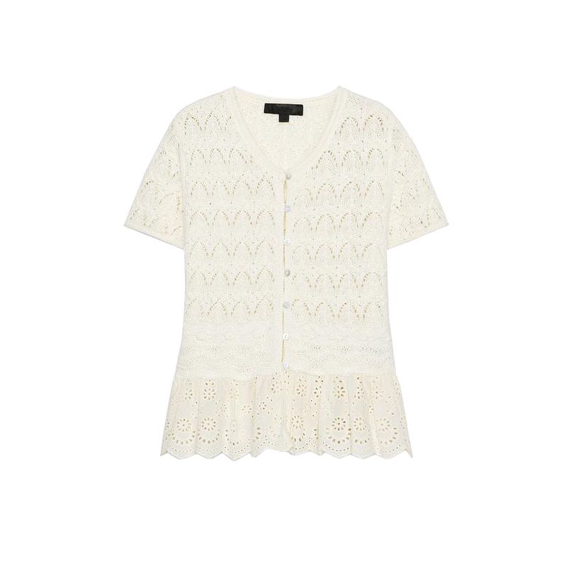 Summer Women's Clothing Cut Out Embroider Decoration Patchwork Knitting Romantic Style round Neck Short Sleeve Tops 8082004