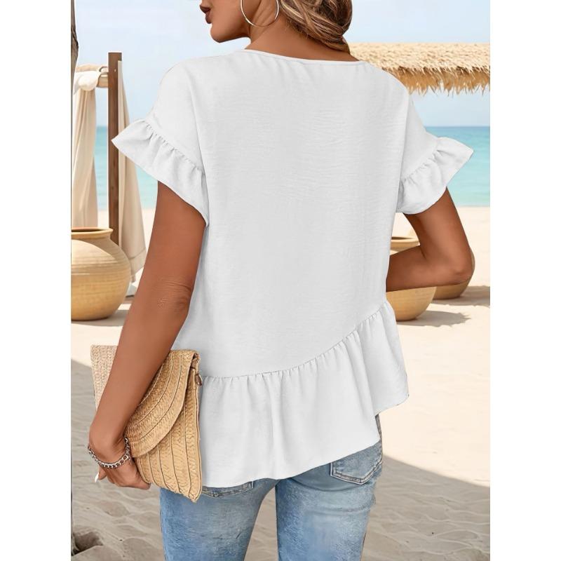 Elegant Solid Color Women's Woven T-Shirts Round Neck Flutter Sleeves & Ruffled Hem T-Shirt Stylish Summer Top