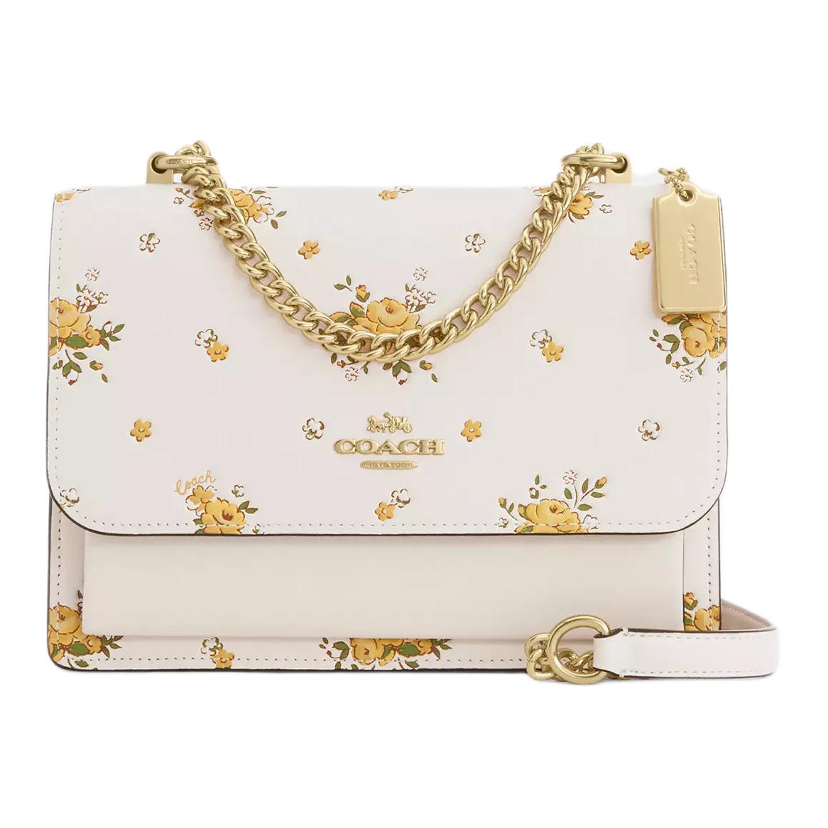 

Coach Klare Yellow Rose Floral Print Crossbody Bag, White Leather Women s Daily Party Travel Chain Shoulder Handbag CAL39-IMCAH Basic Set (Bag+Dust Bag)
