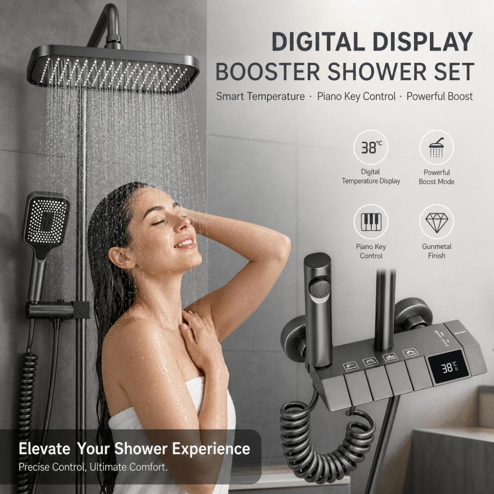 Grey Shower System High Pressure Rainfall Shower Set Digital Shower Faucet Set Water Saving