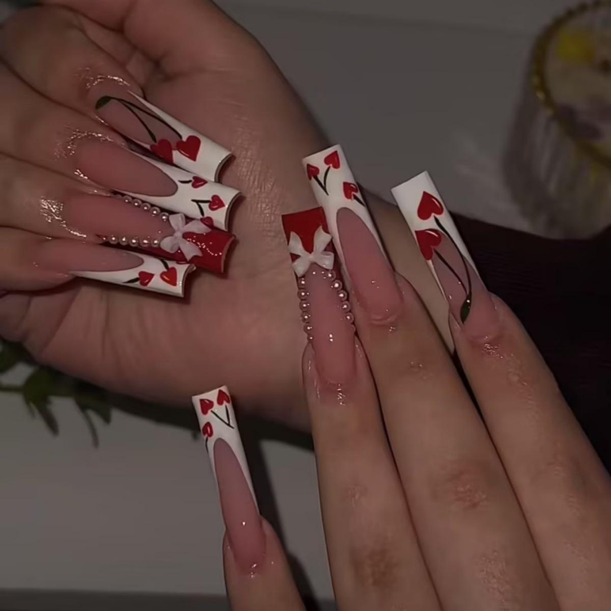 

Розово-красные 3D бантики жемчуг вишня сердце французские носимые накладные ногти