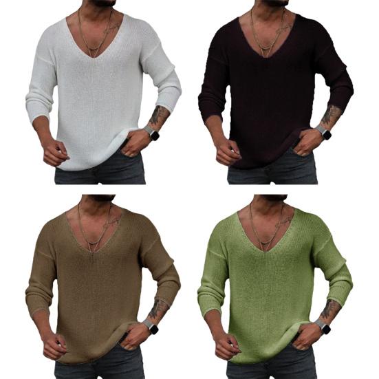 Muži jar jeseň sveter s dlhým rukávom a výstrihom do V, voľný strih, jednofarebný spodný diel pulóver topy Jednoduché ležérne pletenie tričká