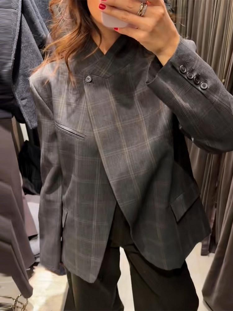 2026 Spring Korean Style Plaid Stand Collar Blazer