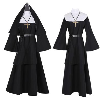 Kostým halloweenská jeptiška Cosplay 4dílná sada Kostým jeptiška + mys + pásek + náhrdelník cosplay kostým
