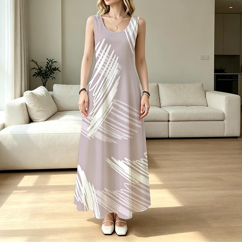 Women U Neck Maxi Sundress,Light Grey Abstract Line Print Dress,Sleeveless Flowy Long Dress,Seaside Casual Apparel