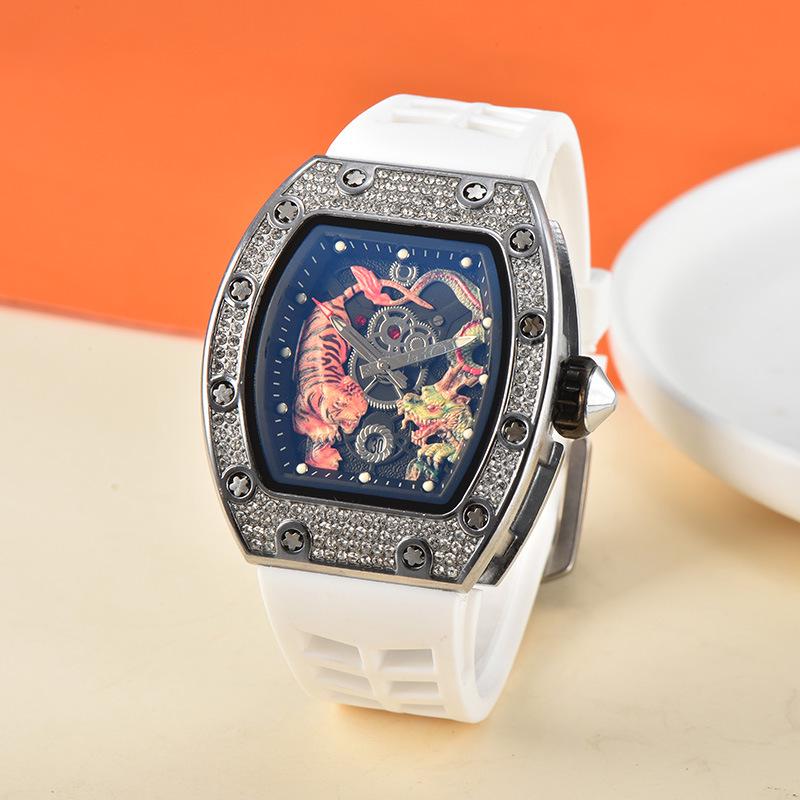 Men's Trendy Barrel-Shaped Full Diamond Quartz Watch with Calendar