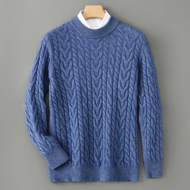 Men's 100% Pure Wool Round Neck Sweater – Autumn/Winter Thick Knit, Casual Loose Fit, Inner Cashmere Base Layer.