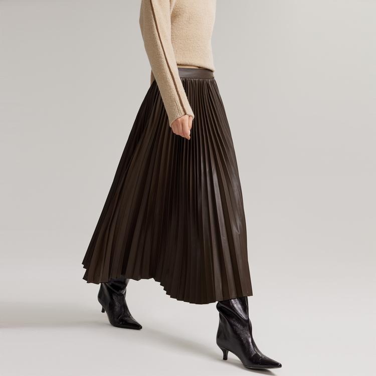 ELLE Solid Color Pleated High Waist Casual Long Skirt Women skirts Brown ER40091