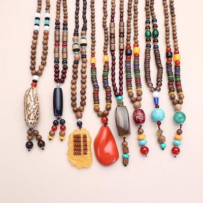 Festival Lucky Gift Party Handmade Nepal Necklace Horn Fish Pendant Mala Wood Bead Buddhist