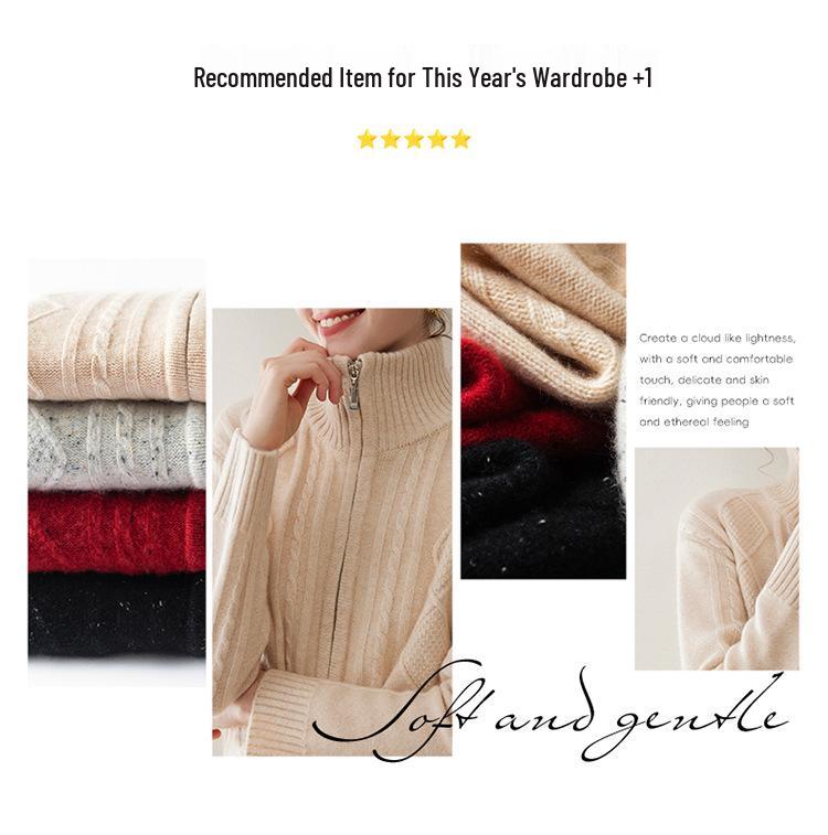 2025 Autumn/Winter Women's Diamond Pattern Cashmere Cardigan - Gentle Style Short Zipper Jacket