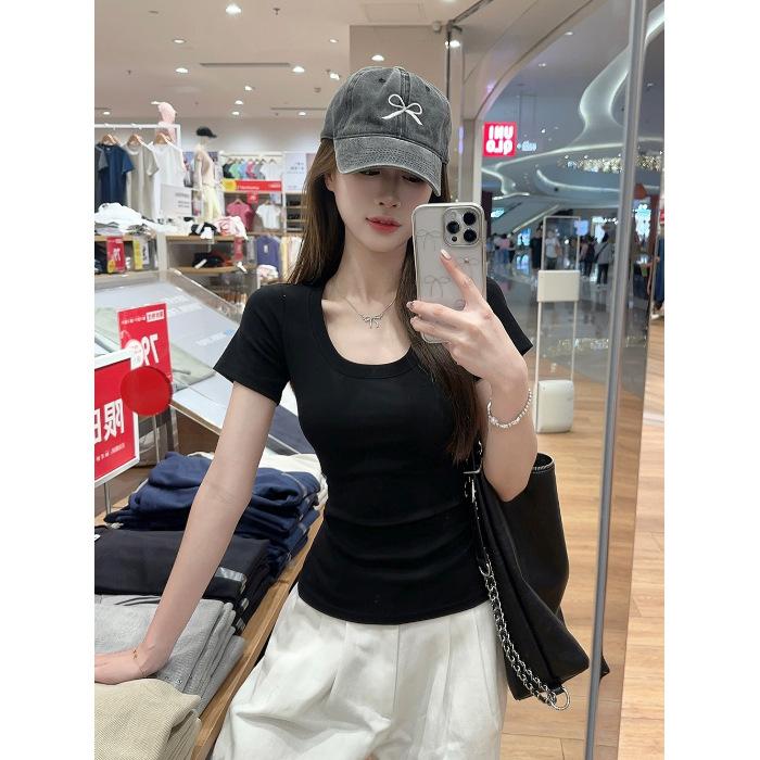 Basic solid color shoulder short-sleeved T-shirt women's summer sweet and hot girl U-neck waist pinch slim and thin cotton short top