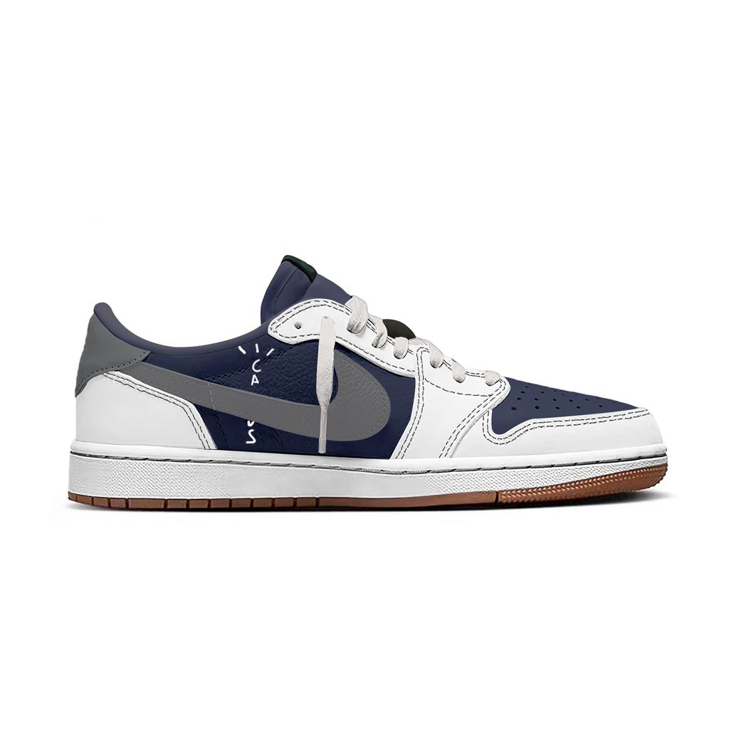 Travis Scott x Jordan Air Jordan 1 Azul Escuro Travis Scott X AJ1 Low Resistente à Abrasão Cano Baixo Tênis de Basquete Vintage DZ4137-700(Team1603- 7.0)