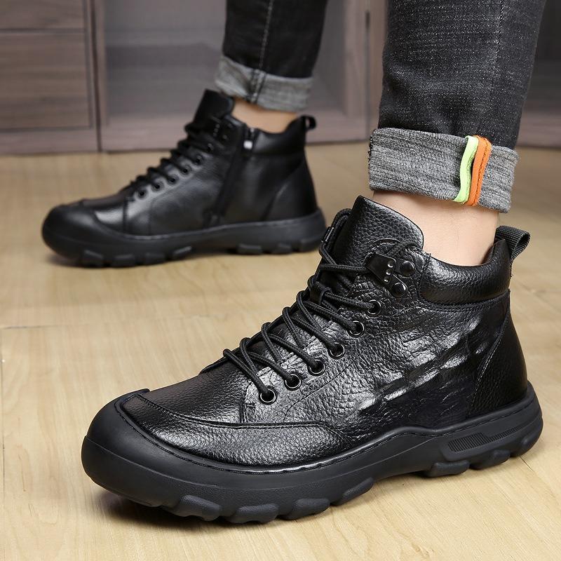 First layer cowhide cotton shoes men's winter velvet thickened middle-aged men's genuine leather high-top warm and non-slip dad cotton boots