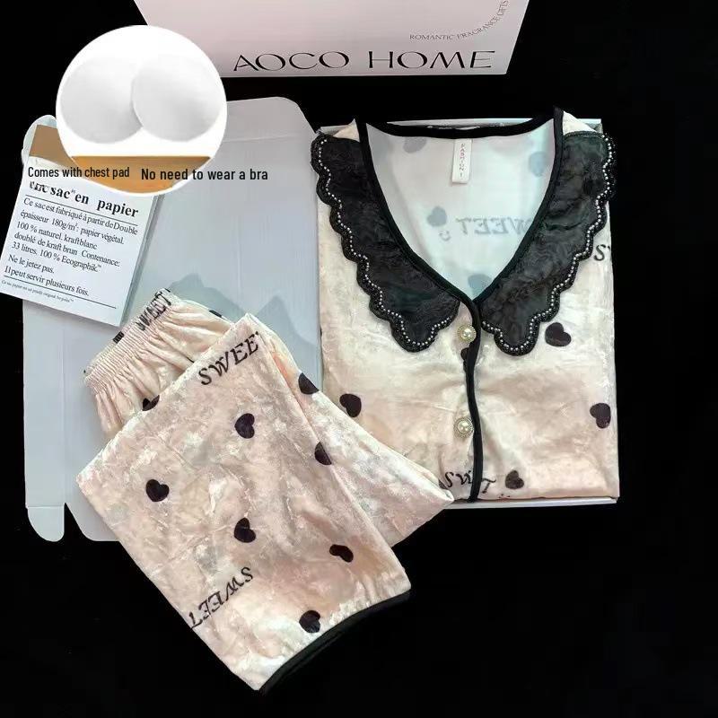 

Женский пижамный комплект из золотого велюра с нагрудными вкладышами - Высококачественный кардиган с длинным рукавом, костюм-двойка для осени/зимы 2024. L for 100-115 jin