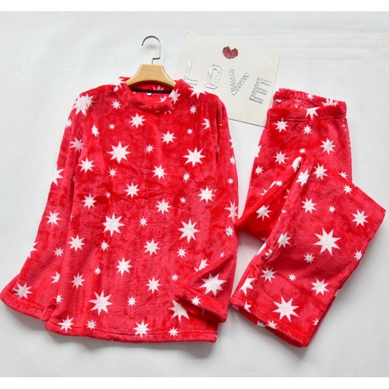 

Autumn and Winter Thickened Warm Women Smooth Flannel round Neck Pullover Long sleeve Trousers Pajamas Home Wear Set Red M