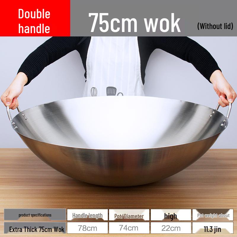 Extra Thick Non-Magnetic Stainless Steel Wok, 34-100cm Round Bottom with Double Ears for Commercial Use