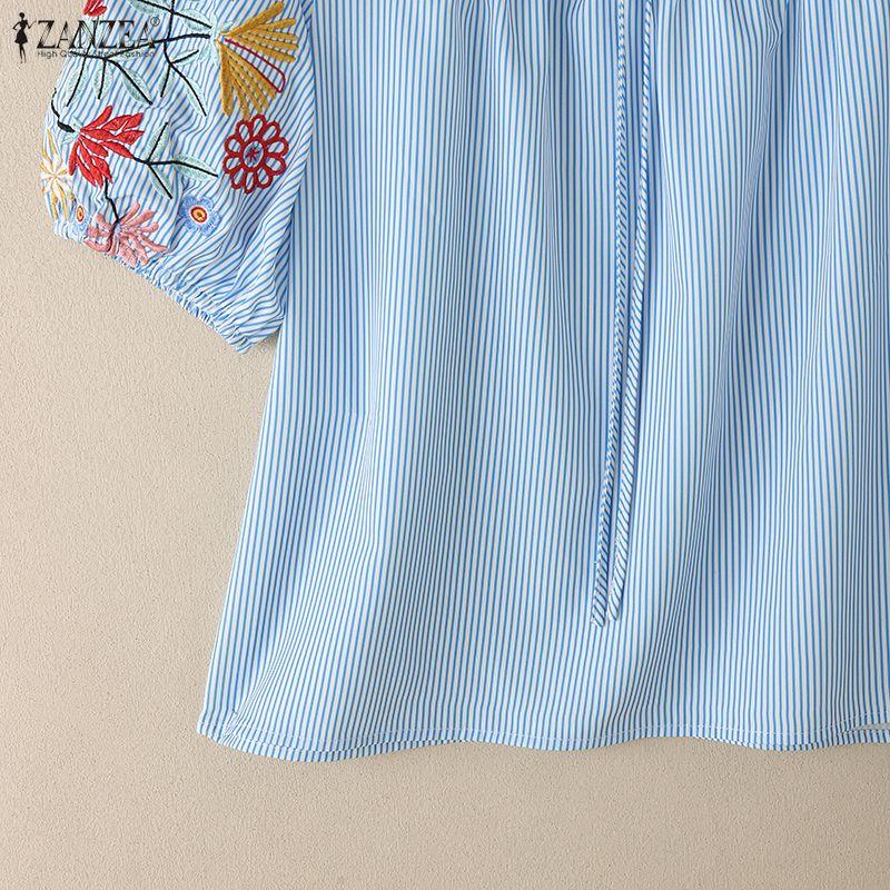 ZANZEA Women Casual V-Neck Summer Short Sleeve Embroidery Stripe Blouse