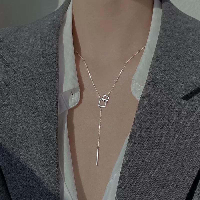 925 Silver Geometric Square Necklace Long Tassel Chain Wedding Jewelry Sweater Chain for Women