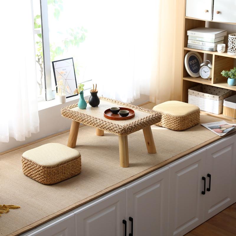 Handwoven Rattan Tea Table Japanese Tatami Style Small Space Coffee Stand Natural Living Room Furniture for Zen Decor