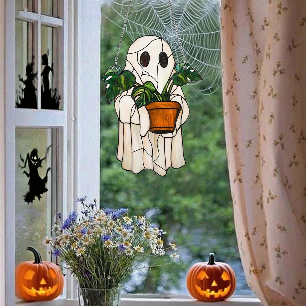 Halloween Ghost-Themed Painted Wooden Hanging Ornament