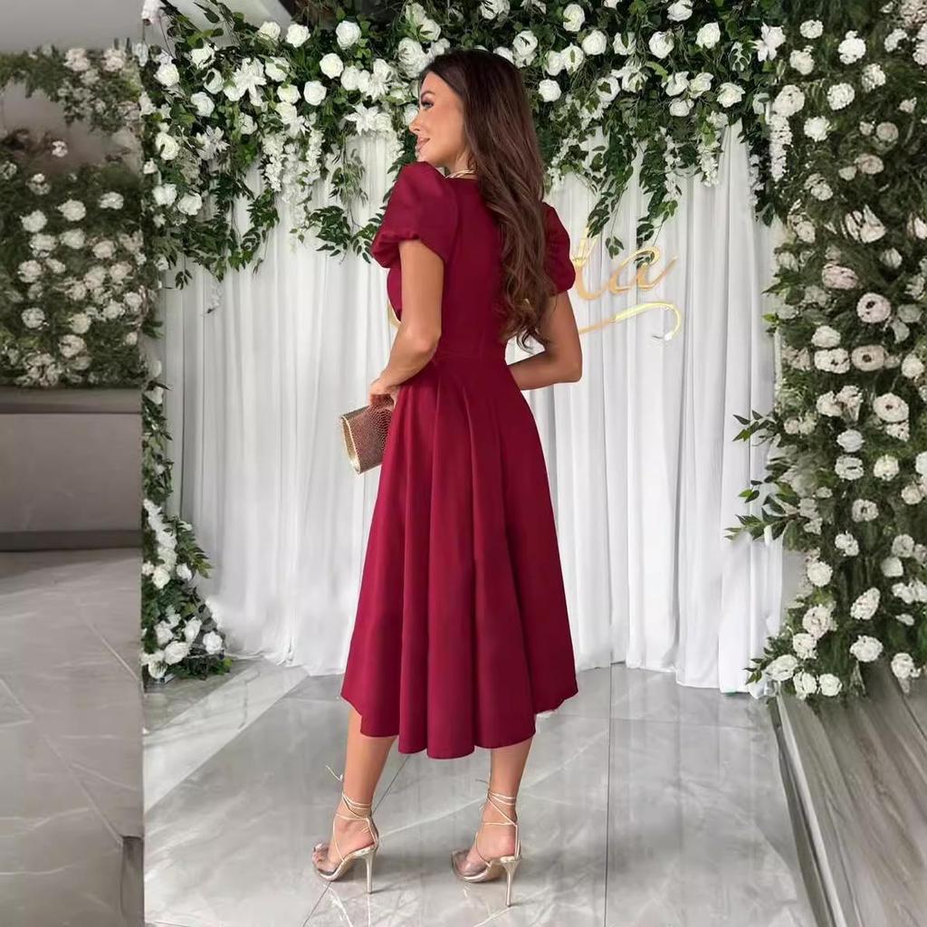 2024 Sommer Einfarbig V-Ausschnitt Raffinierte Taille Puffärmel Schwingkleid für Damen