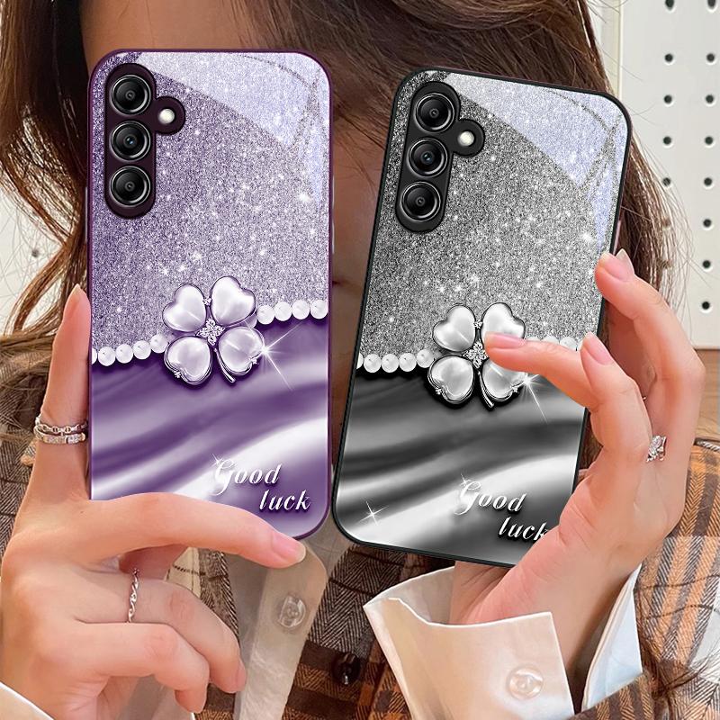 Lucky Clover White For Samsung Galaxy A14 4G 20 30 52 20S 21S 22 A32 33 34 42 50 51 53 54 70 71 72 73 5G Glass Phone Case